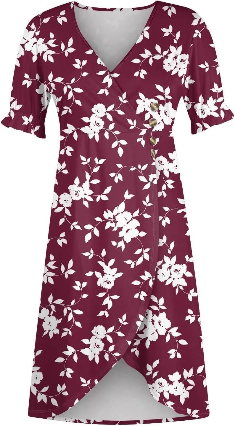Beach Dresses for Women,2025 Spring Summer Trendy Floral Boho V Neck Short Sleeve Irregular Hem Midi Dress
