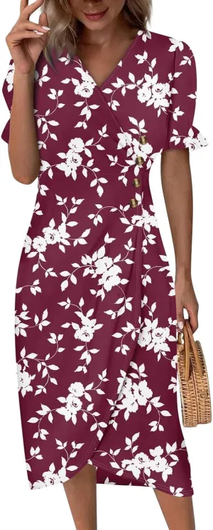 Beach Dresses for Women,2025 Spring Summer Trendy Floral Boho V Neck Short Sleeve Irregular Hem Midi Dress