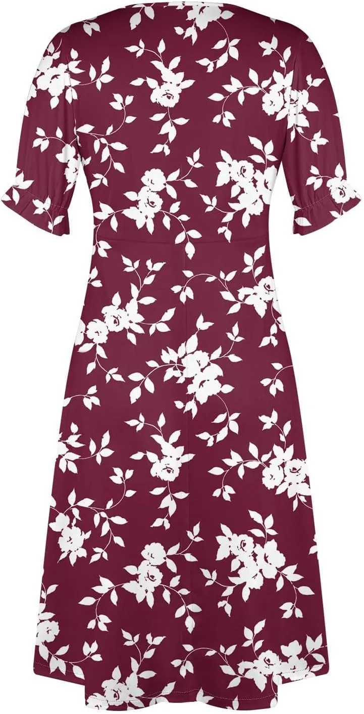 Beach Dresses for Women,2025 Spring Summer Trendy Floral Boho V Neck Short Sleeve Irregular Hem Midi Dress