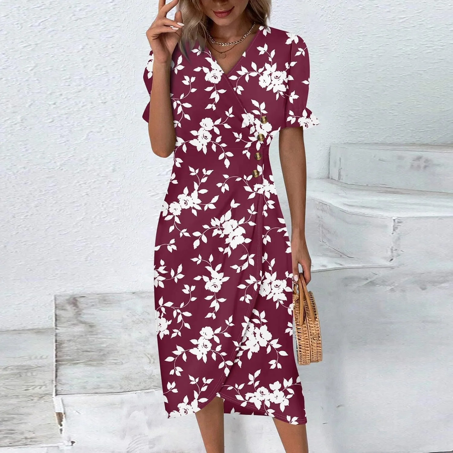 Beach Dresses for Women,2025 Spring Summer Trendy Floral Boho V Neck Short Sleeve Irregular Hem Midi Dress
