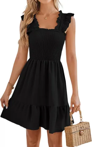 Beautiful Nomad Women's Summer Square Neck Smocked Ruffle Backless Dress Casual Boho Mini Short Dresses