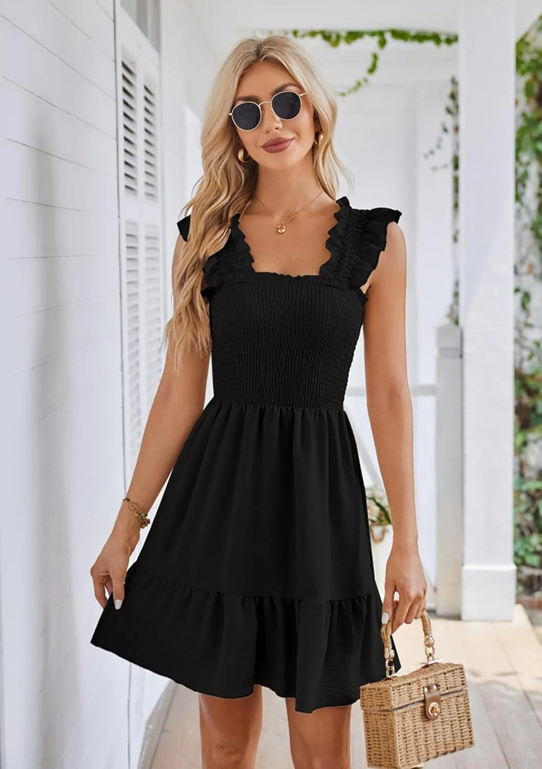Beautiful Nomad Women's Summer Square Neck Smocked Ruffle Backless Dress Casual Boho Mini Short Dresses