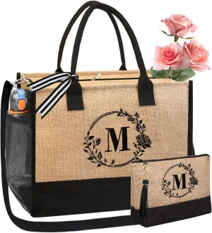 BeeGreen Initial Canvas/Jute Tote Bag Personalized Bag for Wedding, Birthday, Beach, Gift for Women, Mom, Teacher,Friend