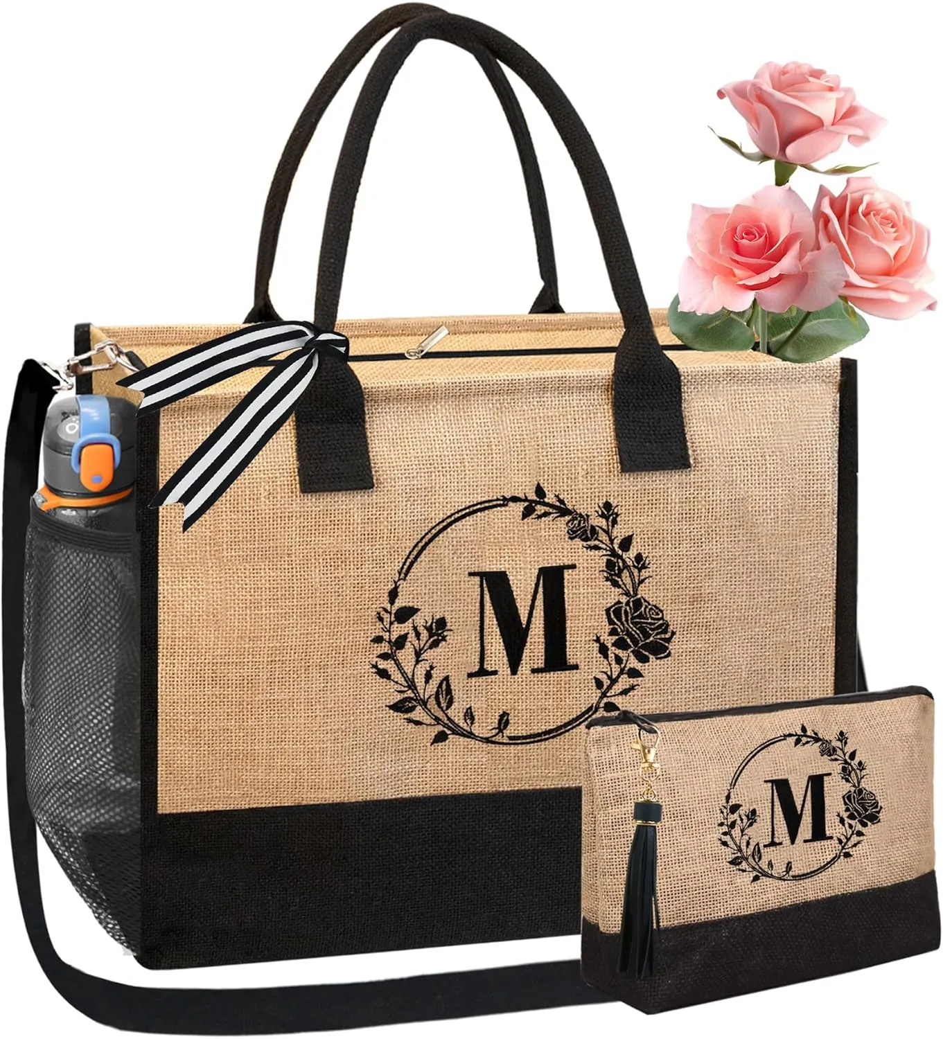 BeeGreen Initial Canvas/Jute Tote Bag Personalized Bag for Wedding, Birthday, Beach, Gift for Women, Mom, Teacher,Friend
