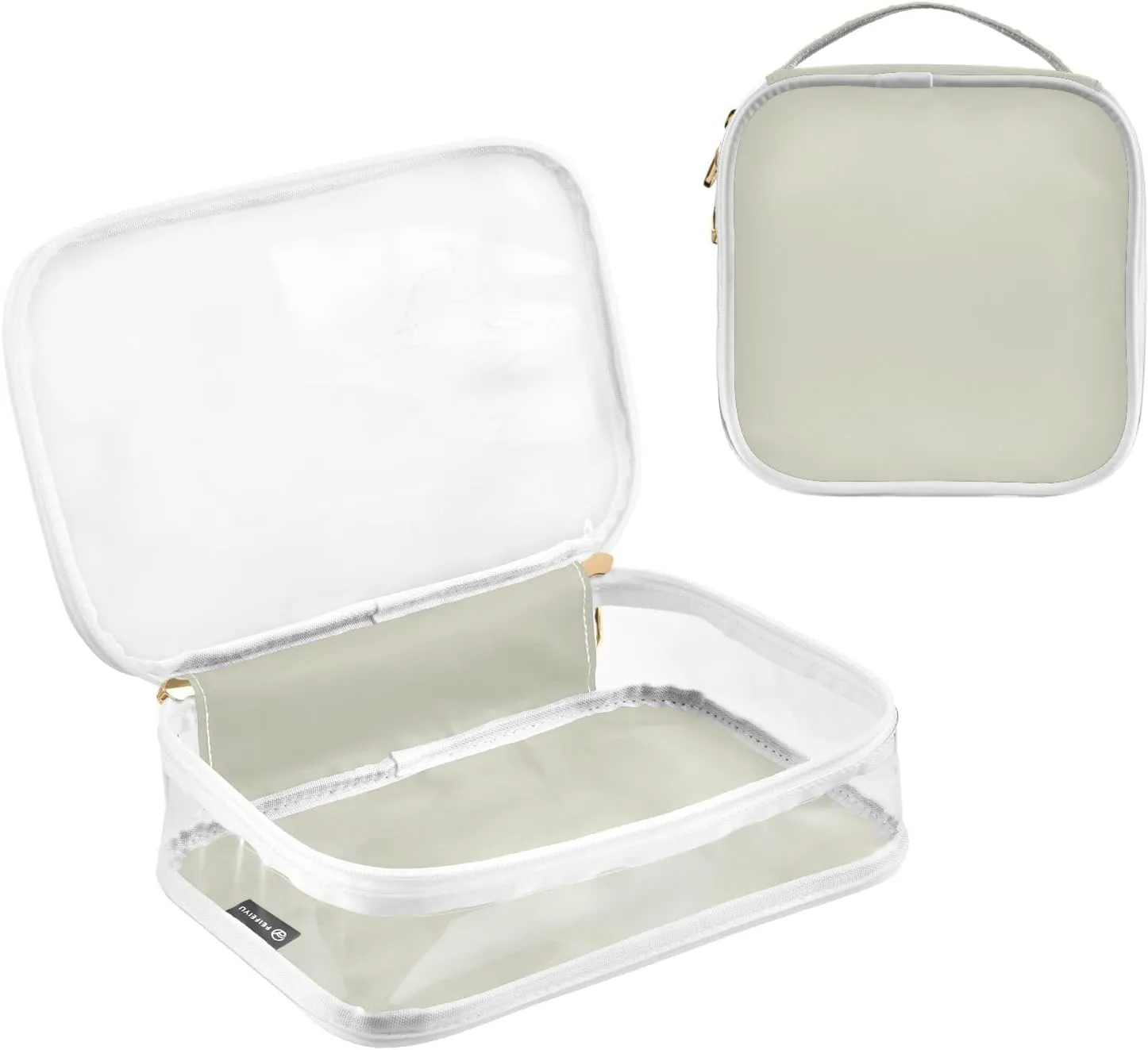 Beige 2 Pieces Clear Makeup Cosmetic Toiletry Bags for Women Men PVC Waterproof Portable Travel Storage Carry Pouch with Gold Zippers Travel Organizer for Vacation Bathroom Organizing Traveling