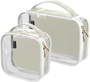 Beige 2 Pieces Clear Makeup Cosmetic Toiletry Bags for Women Men PVC Waterproof Portable Travel Storage Carry Pouch with Gold Zippers Travel Organizer for Vacation Bathroom Organizing Traveling