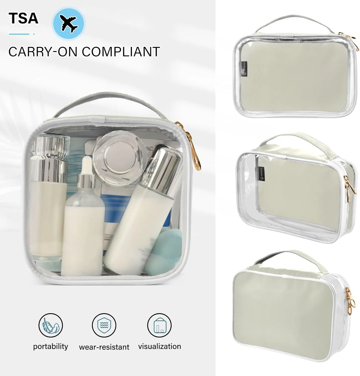 Beige 2 Pieces Clear Makeup Cosmetic Toiletry Bags for Women Men PVC Waterproof Portable Travel Storage Carry Pouch with Gold Zippers Travel Organizer for Vacation Bathroom Organizing Traveling