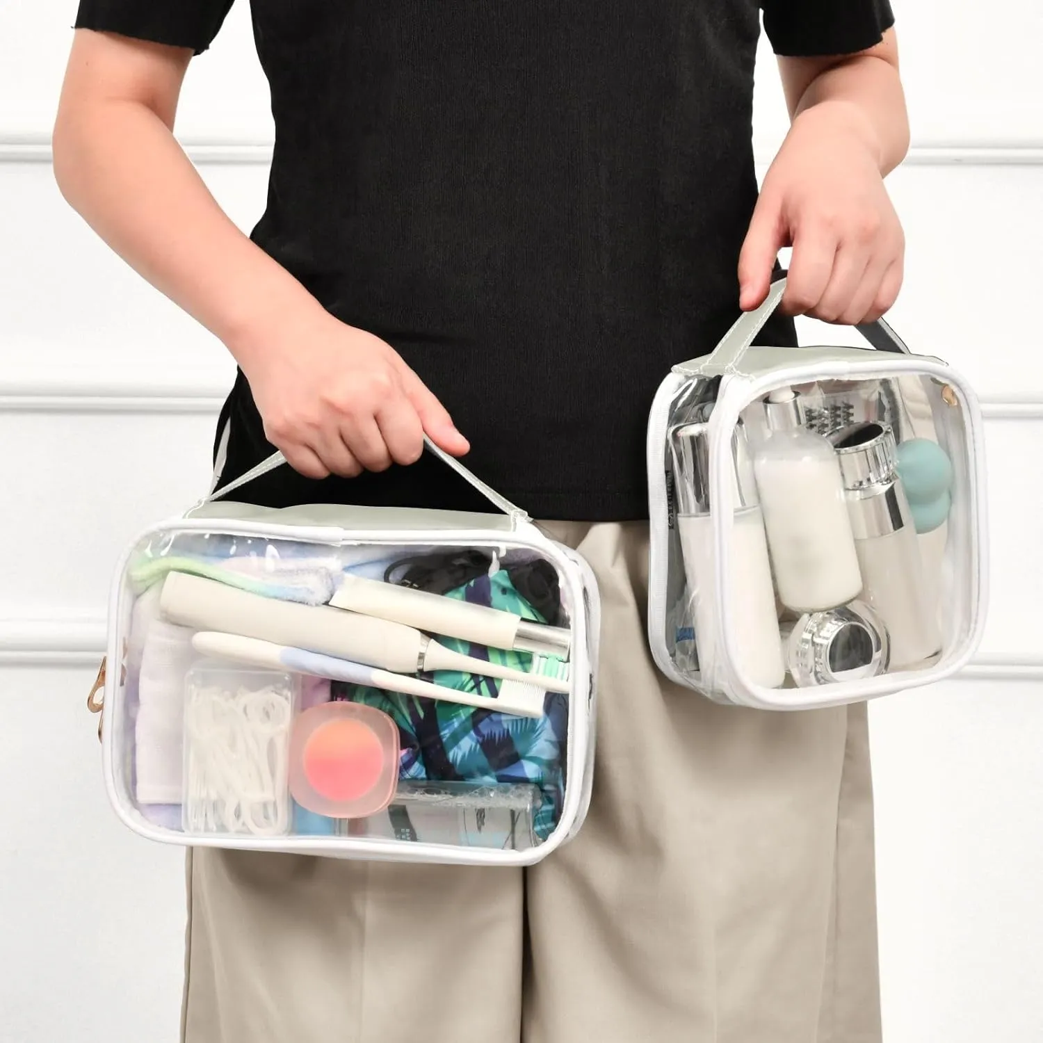 Beige 2 Pieces Clear Makeup Cosmetic Toiletry Bags for Women Men PVC Waterproof Portable Travel Storage Carry Pouch with Gold Zippers Travel Organizer for Vacation Bathroom Organizing Traveling