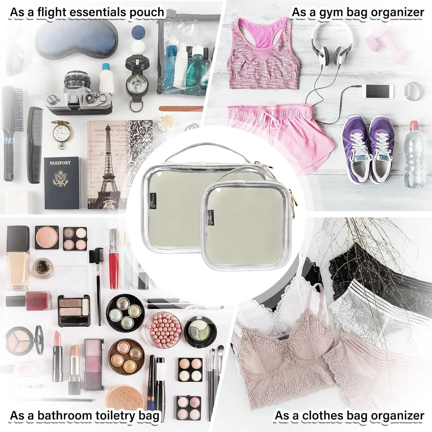 Beige 2 Pieces Clear Makeup Cosmetic Toiletry Bags for Women Men PVC Waterproof Portable Travel Storage Carry Pouch with Gold Zippers Travel Organizer for Vacation Bathroom Organizing Traveling