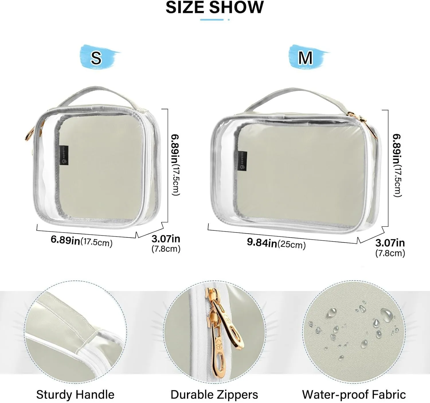 Beige 2 Pieces Clear Makeup Cosmetic Toiletry Bags for Women Men PVC Waterproof Portable Travel Storage Carry Pouch with Gold Zippers Travel Organizer for Vacation Bathroom Organizing Traveling