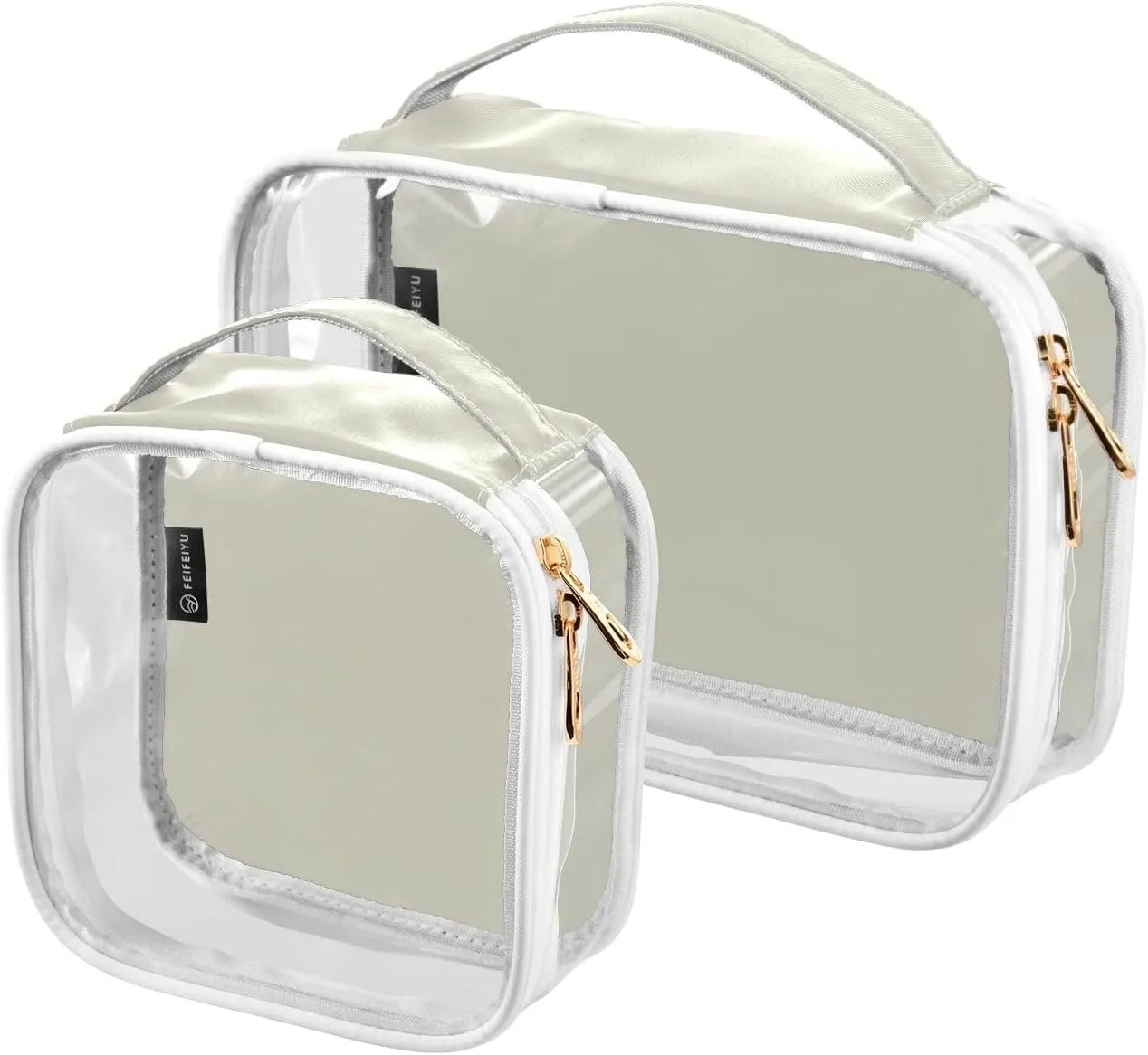 Beige 2 Pieces Clear Makeup Cosmetic Toiletry Bags for Women Men PVC Waterproof Portable Travel Storage Carry Pouch with Gold Zippers Travel Organizer for Vacation Bathroom Organizing Traveling