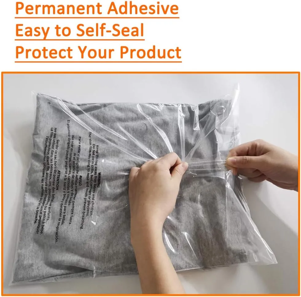 Belinlen 200 Count 12x18 Inch Self Seal Clear Poly Bags with Suffocation Warning for Packaging Clothing, T Shirts, Decorative Wrappers and More with Permanent Adhesive(1.5mil)