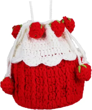 BESPORTBLE Adorable Strawberry Cake Bun Handbag Knitted Bucket Bag Drawstring Jewelry Pouch