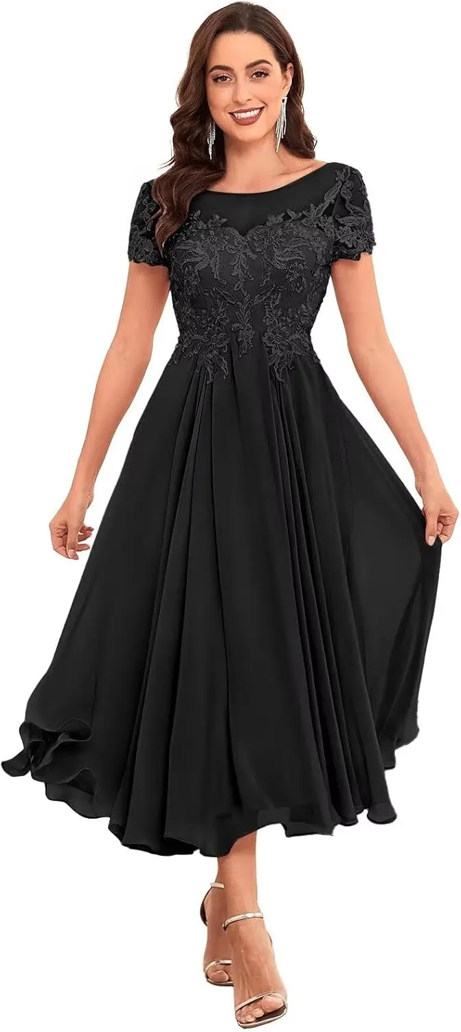 Bestluckw Lace Applique Mother of The Bride Dresses Chiffon Tea Length Mother of The Groom Dresses for Wedding