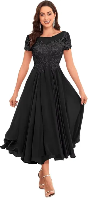 Bestluckw Lace Applique Mother of The Bride Dresses Chiffon Tea Length Mother of The Groom Dresses for Wedding