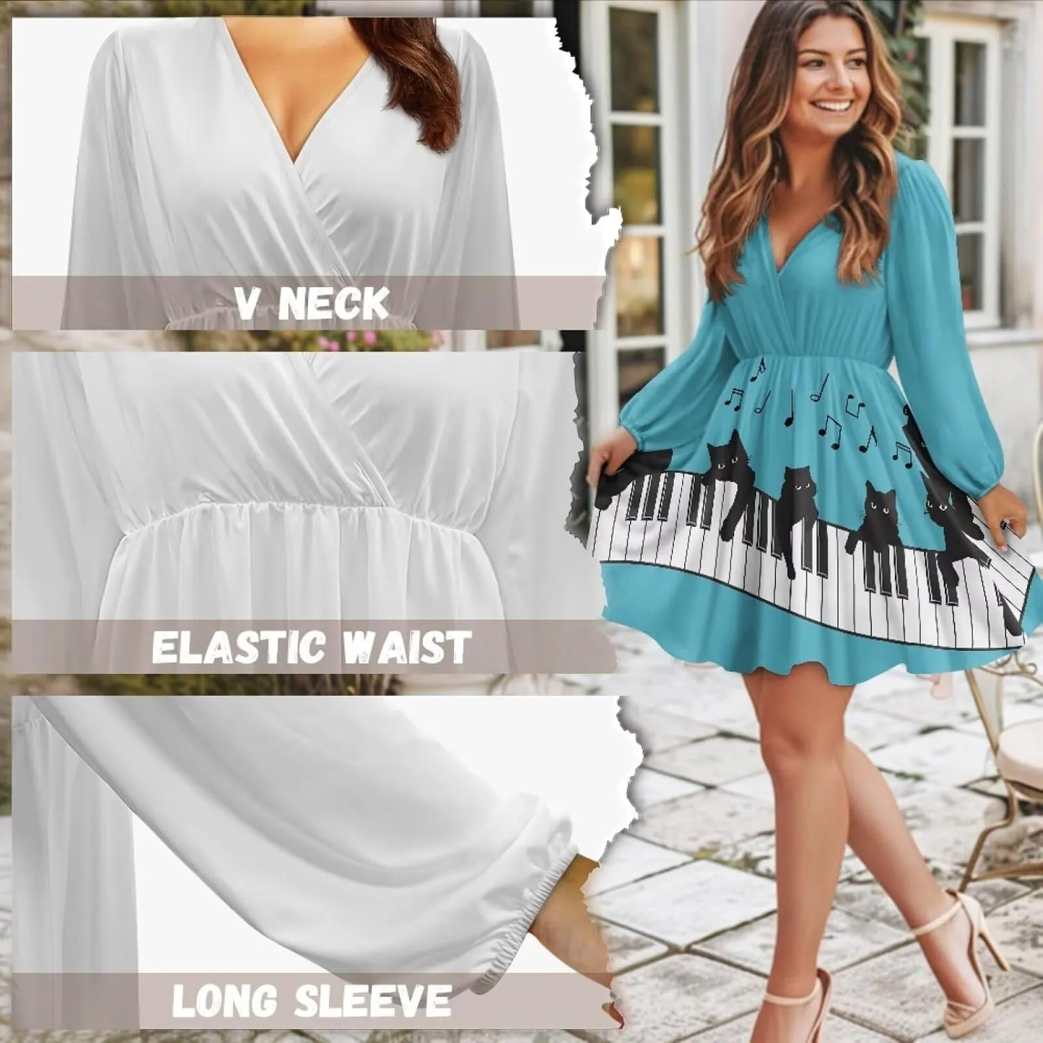 Biyejit Casual Tunic Dress for Women V Neck Ruffle Long Sleeve Dresses Loose Flowy Beach Cover Up Swing Dress