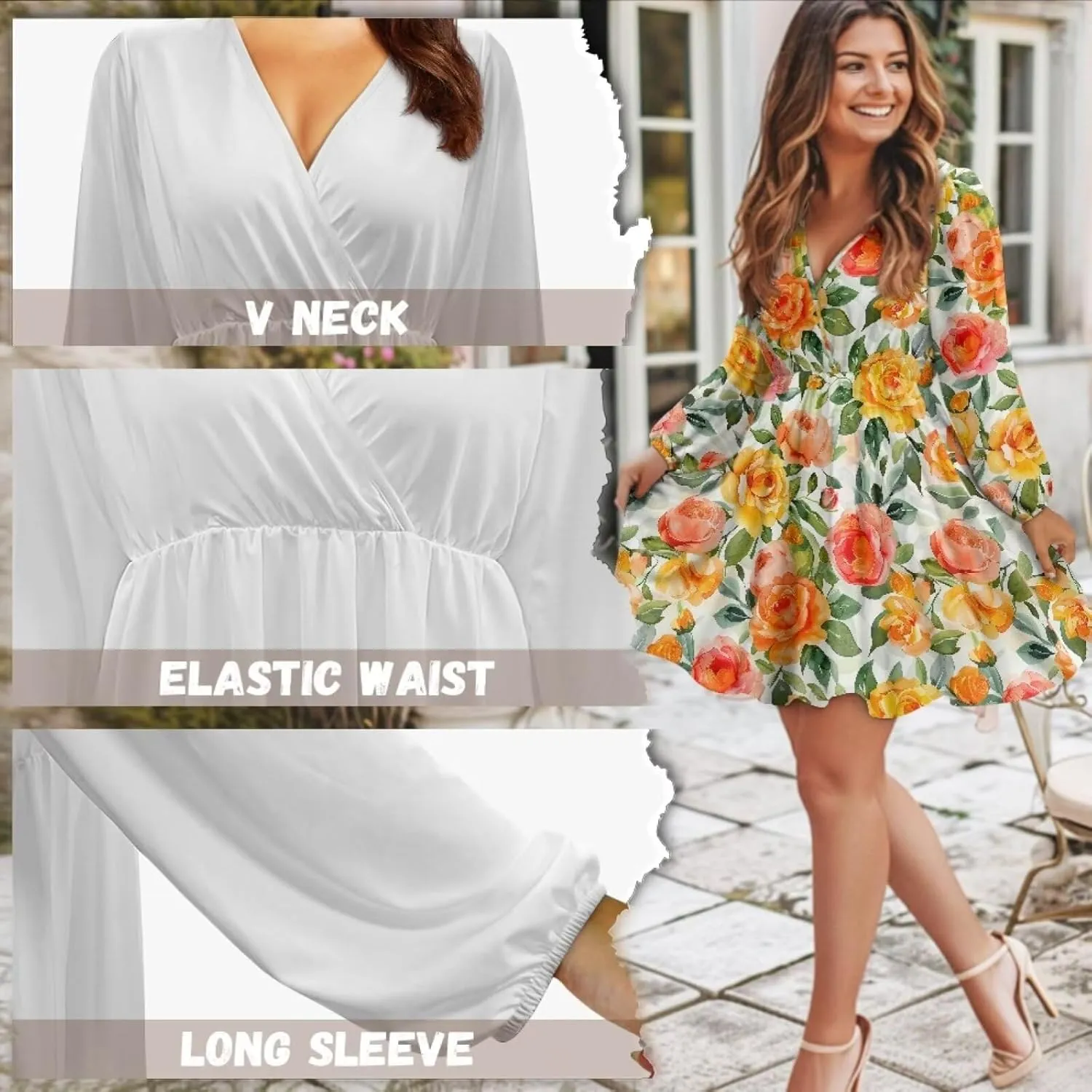 Biyejit Casual Tunic Dress for Women V Neck Ruffle Long Sleeve Dresses Loose Flowy Beach Cover Up Swing Dress
