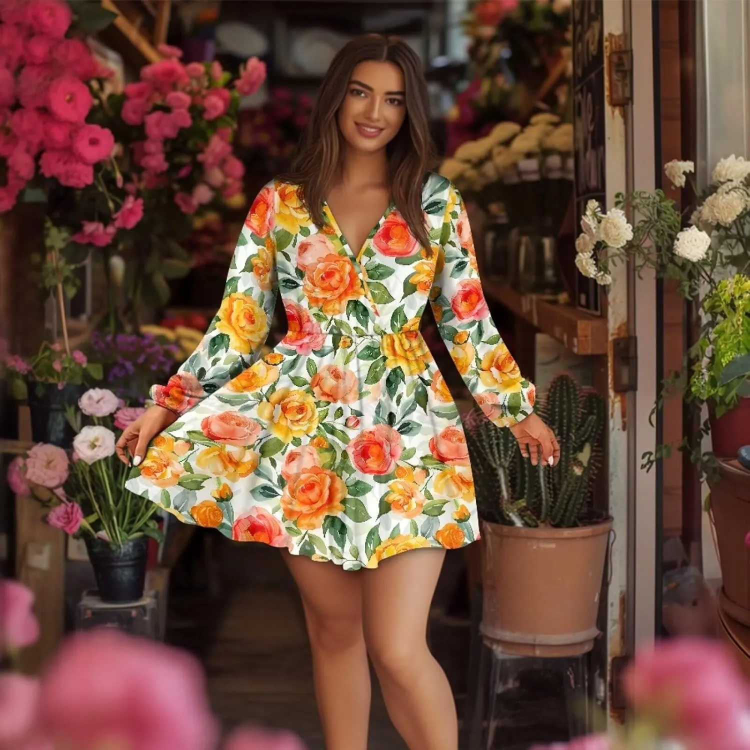 Biyejit Casual Tunic Dress for Women V Neck Ruffle Long Sleeve Dresses Loose Flowy Beach Cover Up Swing Dress