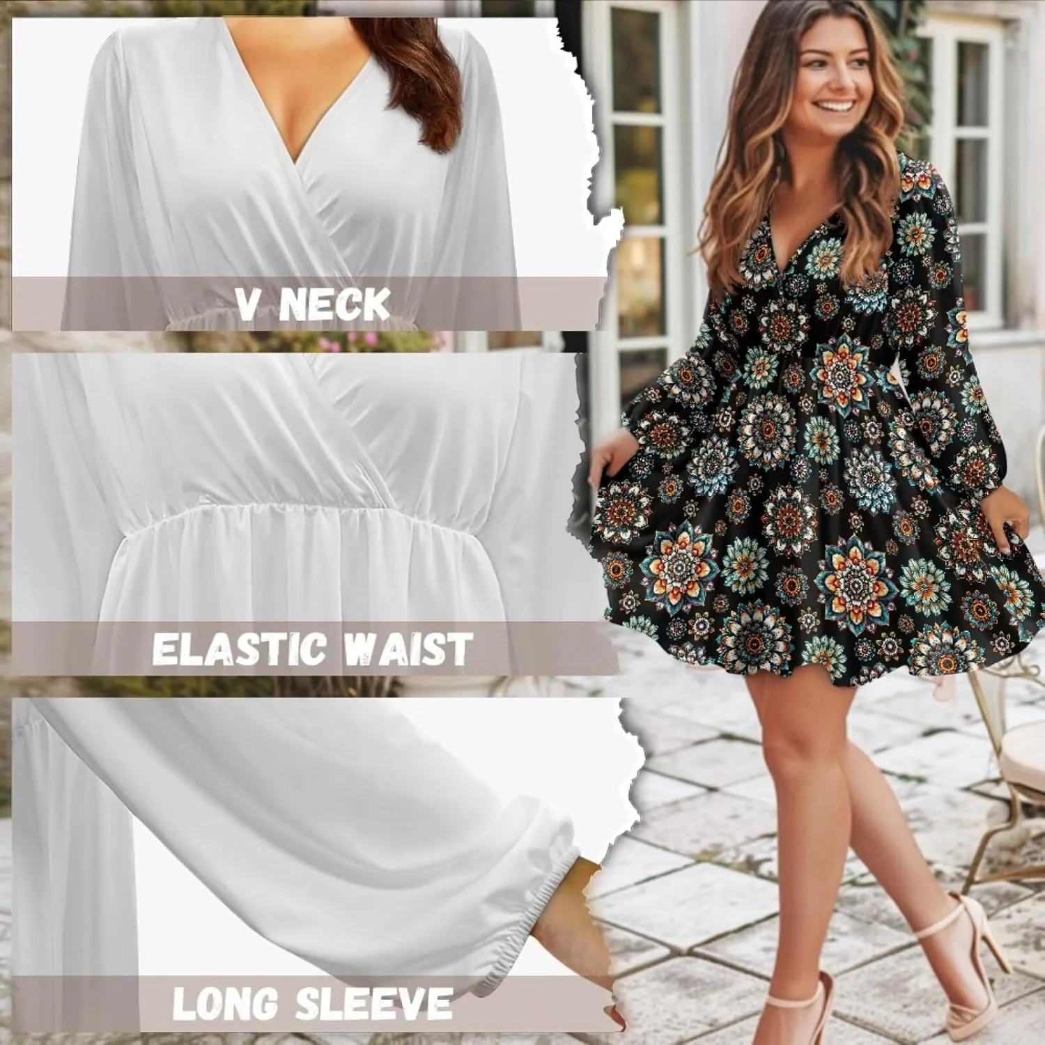 Biyejit Casual Tunic Dress for Women V Neck Ruffle Long Sleeve Dresses Loose Flowy Beach Cover Up Swing Dress