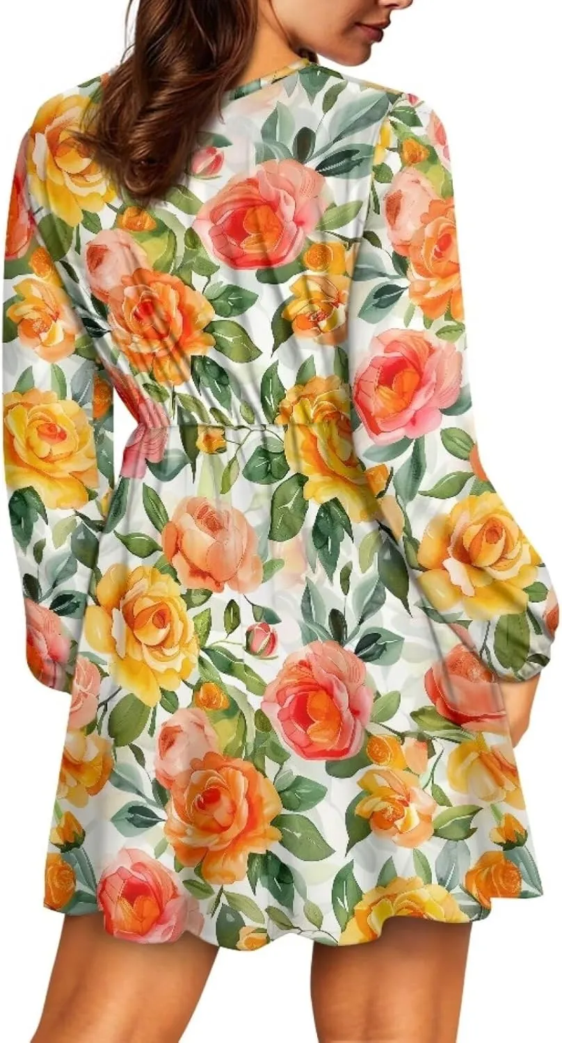 Biyejit Casual Tunic Dress for Women V Neck Ruffle Long Sleeve Dresses Loose Flowy Beach Cover Up Swing Dress