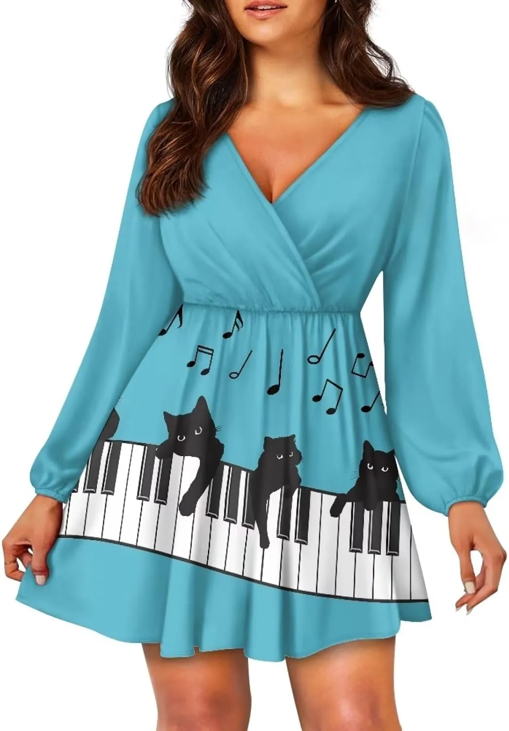 Biyejit Casual Tunic Dress for Women V Neck Ruffle Long Sleeve Dresses Loose Flowy Beach Cover Up Swing Dress