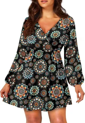 Biyejit Casual Tunic Dress for Women V Neck Ruffle Long Sleeve Dresses Loose Flowy Beach Cover Up Swing Dress