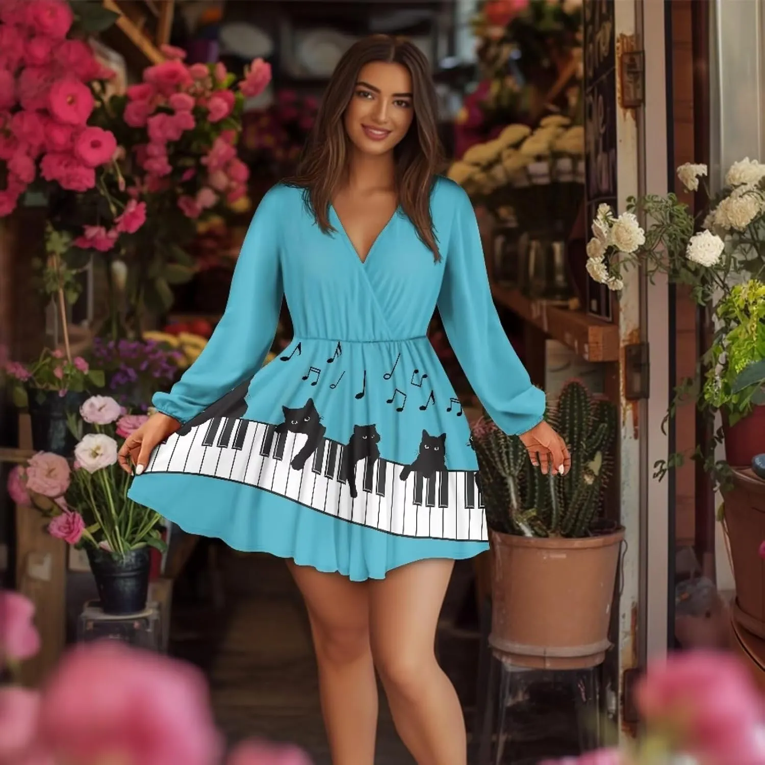 Biyejit Casual Tunic Dress for Women V Neck Ruffle Long Sleeve Dresses Loose Flowy Beach Cover Up Swing Dress