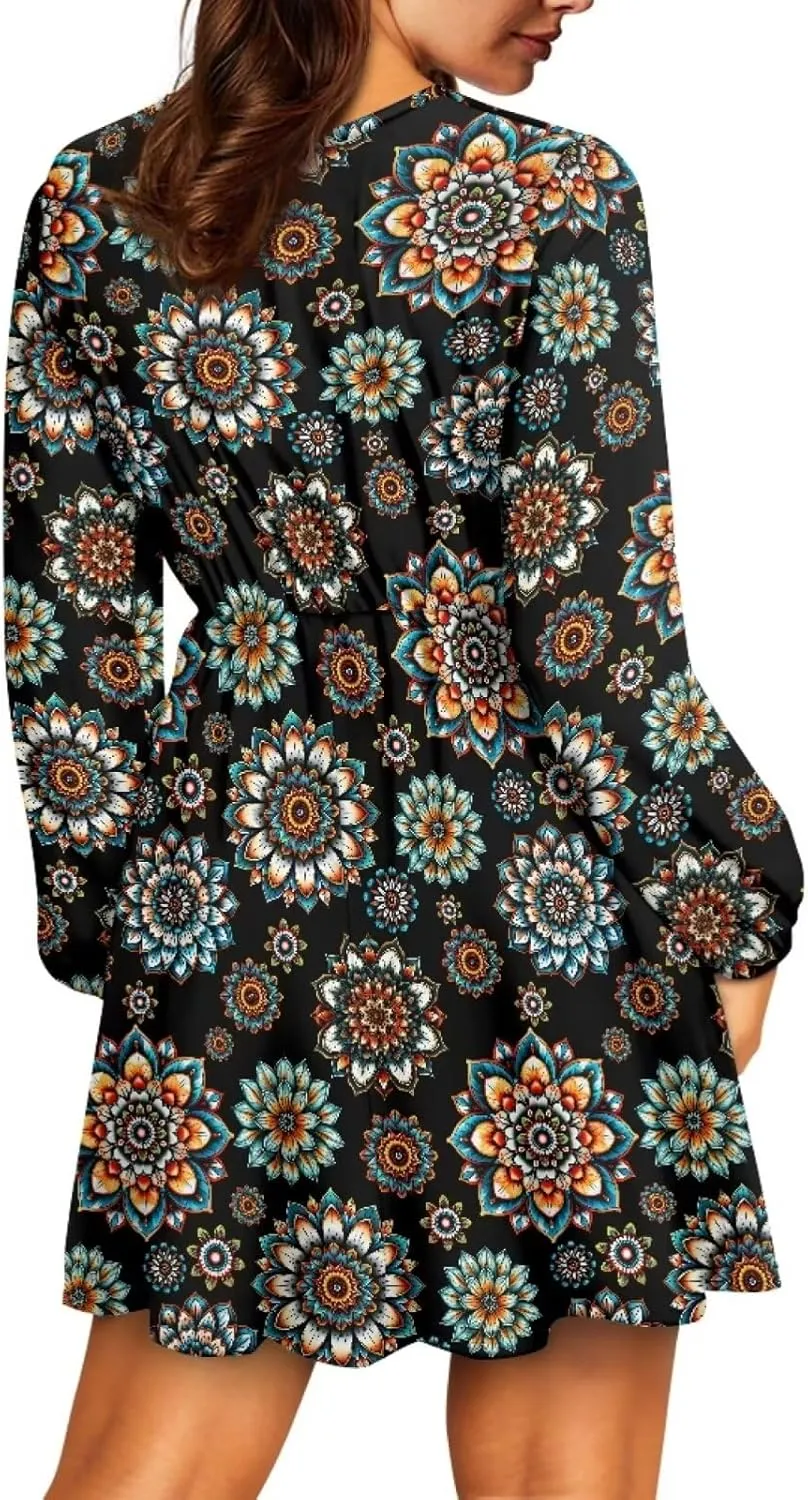 Biyejit Casual Tunic Dress for Women V Neck Ruffle Long Sleeve Dresses Loose Flowy Beach Cover Up Swing Dress