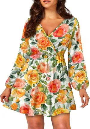 Biyejit Casual Tunic Dress for Women V Neck Ruffle Long Sleeve Dresses Loose Flowy Beach Cover Up Swing Dress