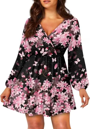 Biyejit Women's Casual V Neck Long Sleeve Smocked High Waist Ruffle A Line Mini Dress Tunic Dress Plus Size S-2XL