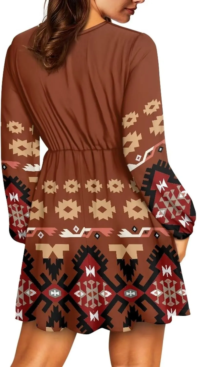 Biyejit Women's Casual V Neck Long Sleeve Smocked High Waist Ruffle A Line Mini Dress Tunic Dress Plus Size S-2XL