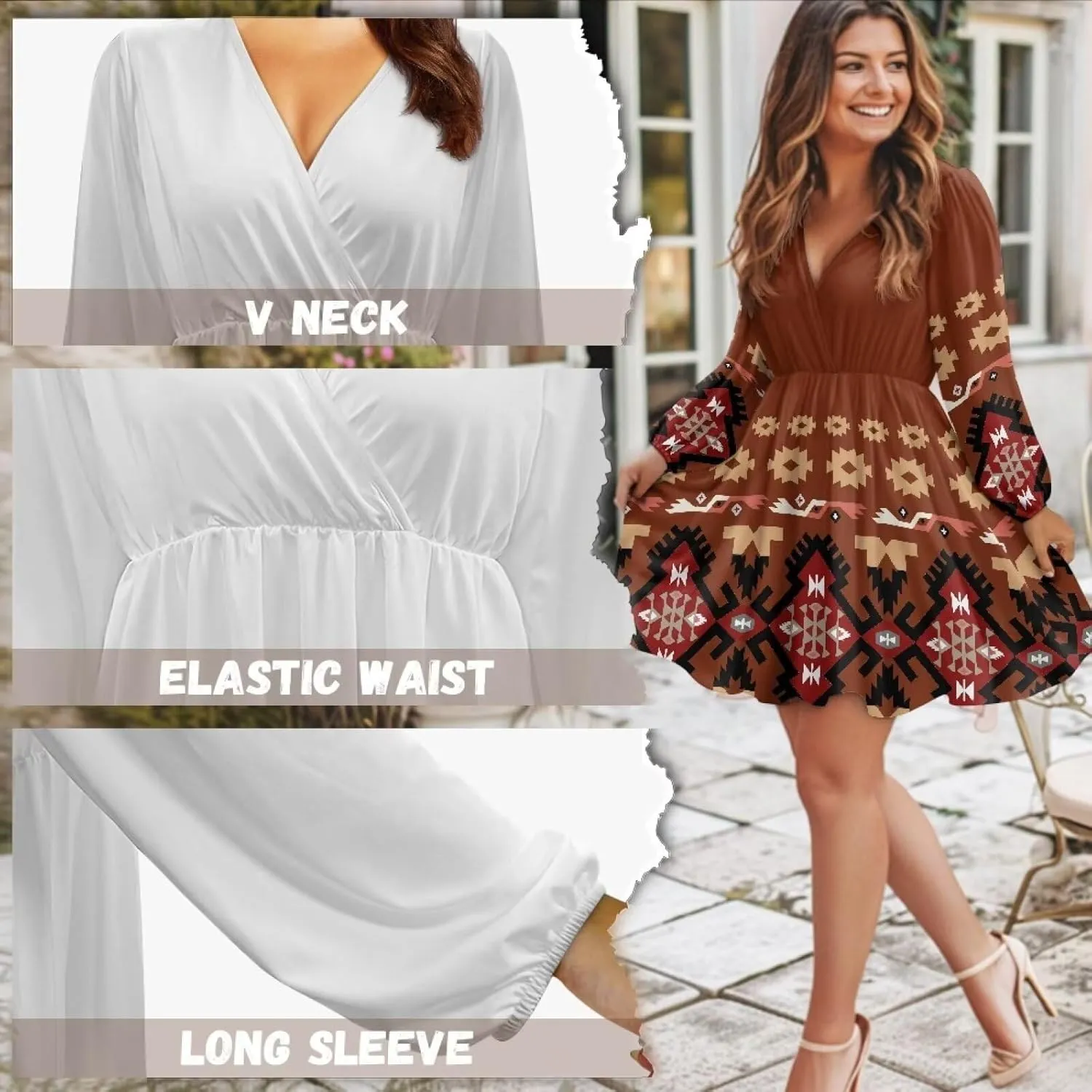 Biyejit Women's Casual V Neck Long Sleeve Smocked High Waist Ruffle A Line Mini Dress Tunic Dress Plus Size S-2XL