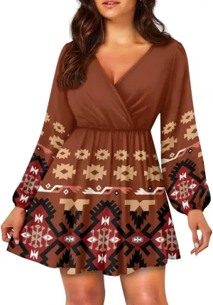 Biyejit Women's Casual V Neck Long Sleeve Smocked High Waist Ruffle A Line Mini Dress Tunic Dress Plus Size S-2XL