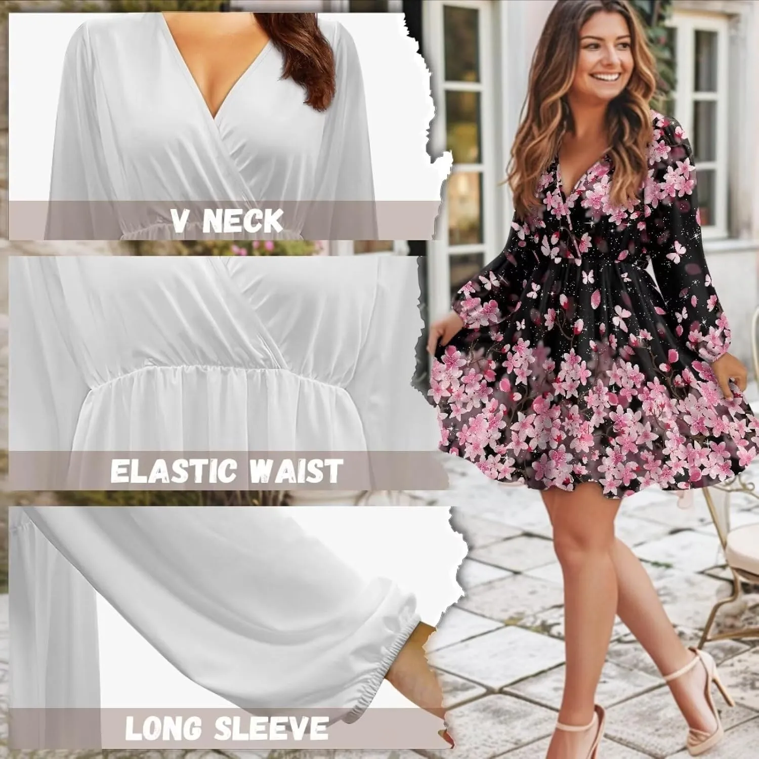 Biyejit Women's Casual V Neck Long Sleeve Smocked High Waist Ruffle A Line Mini Dress Tunic Dress Plus Size S-2XL