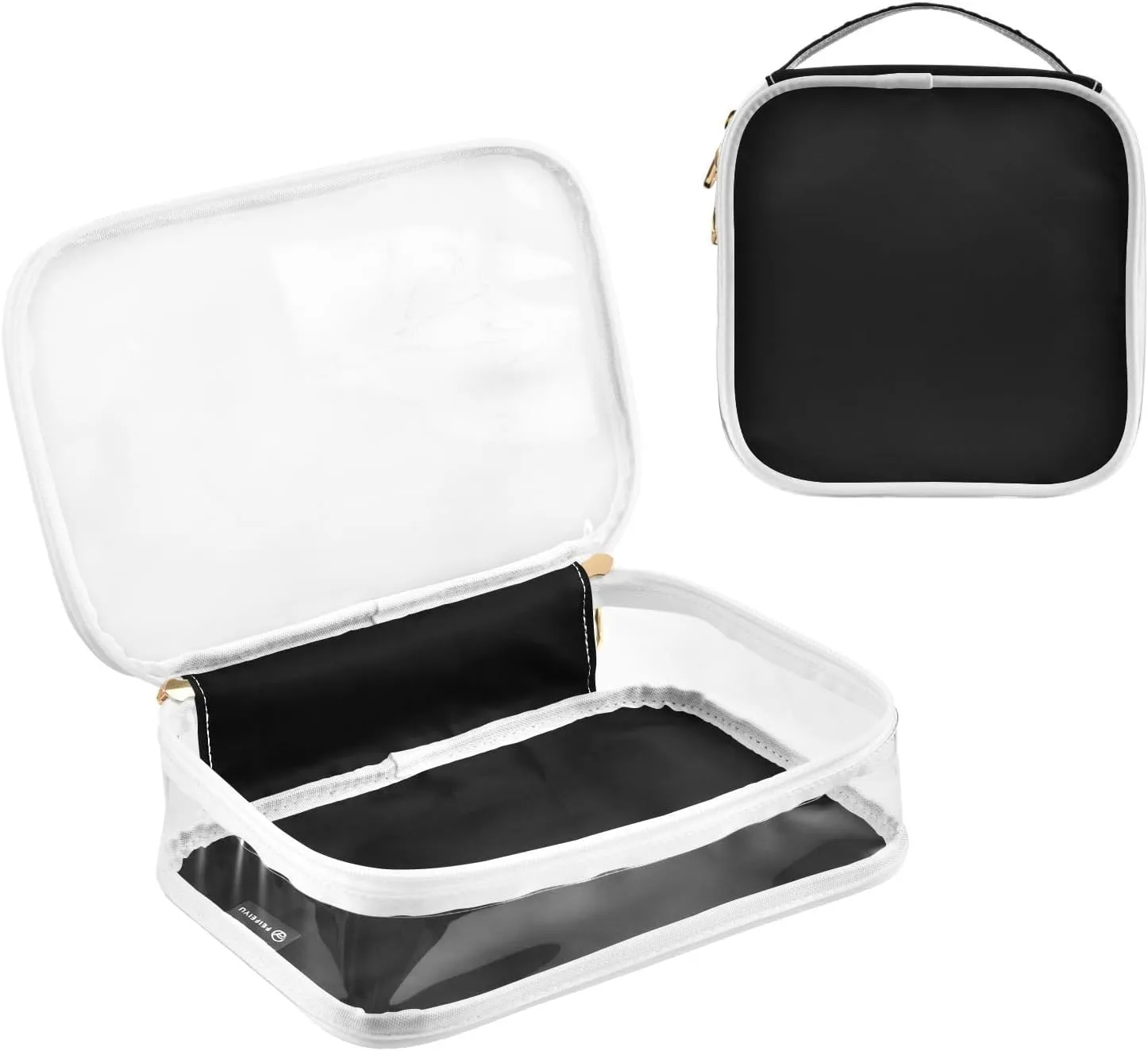 Black 2 Pieces Clear Makeup Cosmetic Toiletry Bags for Women Men PVC Waterproof Portable Travel Storage Carry Pouch with Gold Zippers Plastic Tote Bags for Vacation Bathroom Organizing Traveling