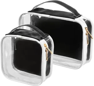 Black 2 Pieces Clear Makeup Cosmetic Toiletry Bags for Women Men PVC Waterproof Portable Travel Storage Carry Pouch with Gold Zippers Plastic Tote Bags for Vacation Bathroom Organizing Traveling