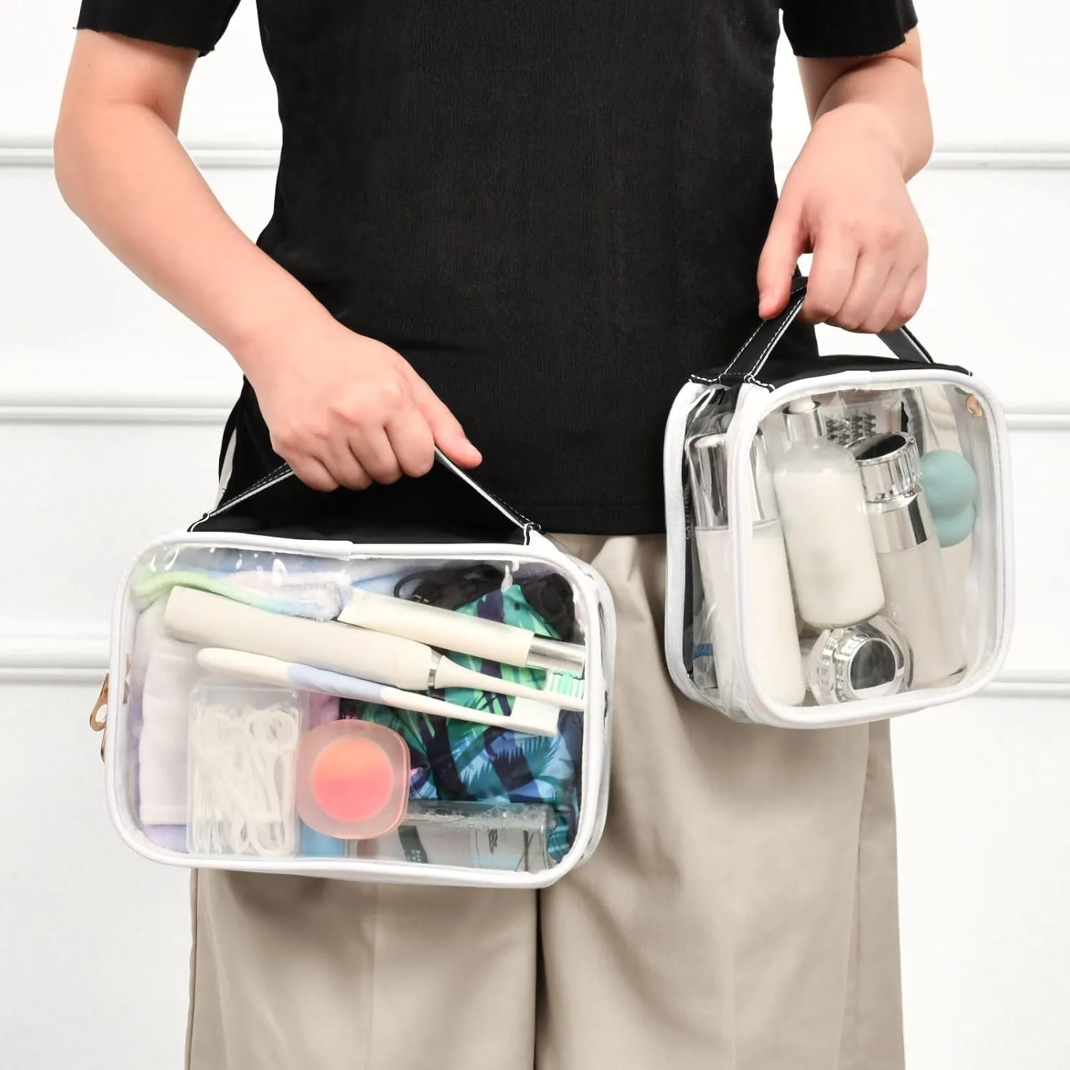 Black 2 Pieces Clear Makeup Cosmetic Toiletry Bags for Women Men PVC Waterproof Portable Travel Storage Carry Pouch with Gold Zippers Plastic Tote Bags for Vacation Bathroom Organizing Traveling