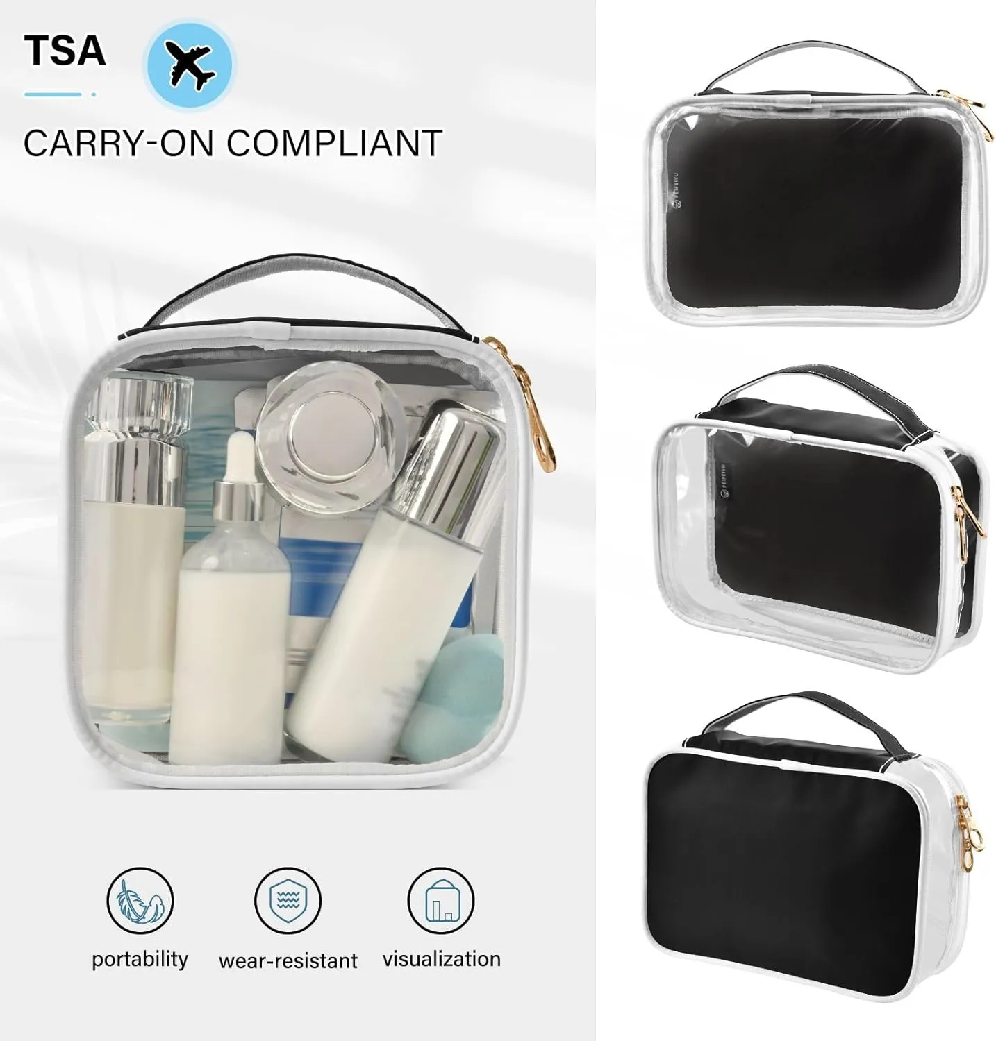 Black 2 Pieces Clear Makeup Cosmetic Toiletry Bags for Women Men PVC Waterproof Portable Travel Storage Carry Pouch with Gold Zippers Plastic Tote Bags for Vacation Bathroom Organizing Traveling