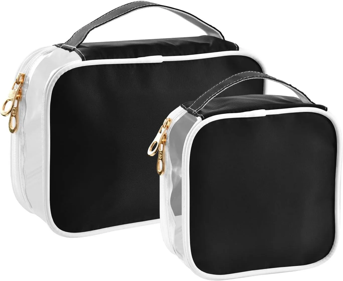 Black 2 Pieces Clear Makeup Cosmetic Toiletry Bags for Women Men PVC Waterproof Portable Travel Storage Carry Pouch with Gold Zippers Plastic Tote Bags for Vacation Bathroom Organizing Traveling