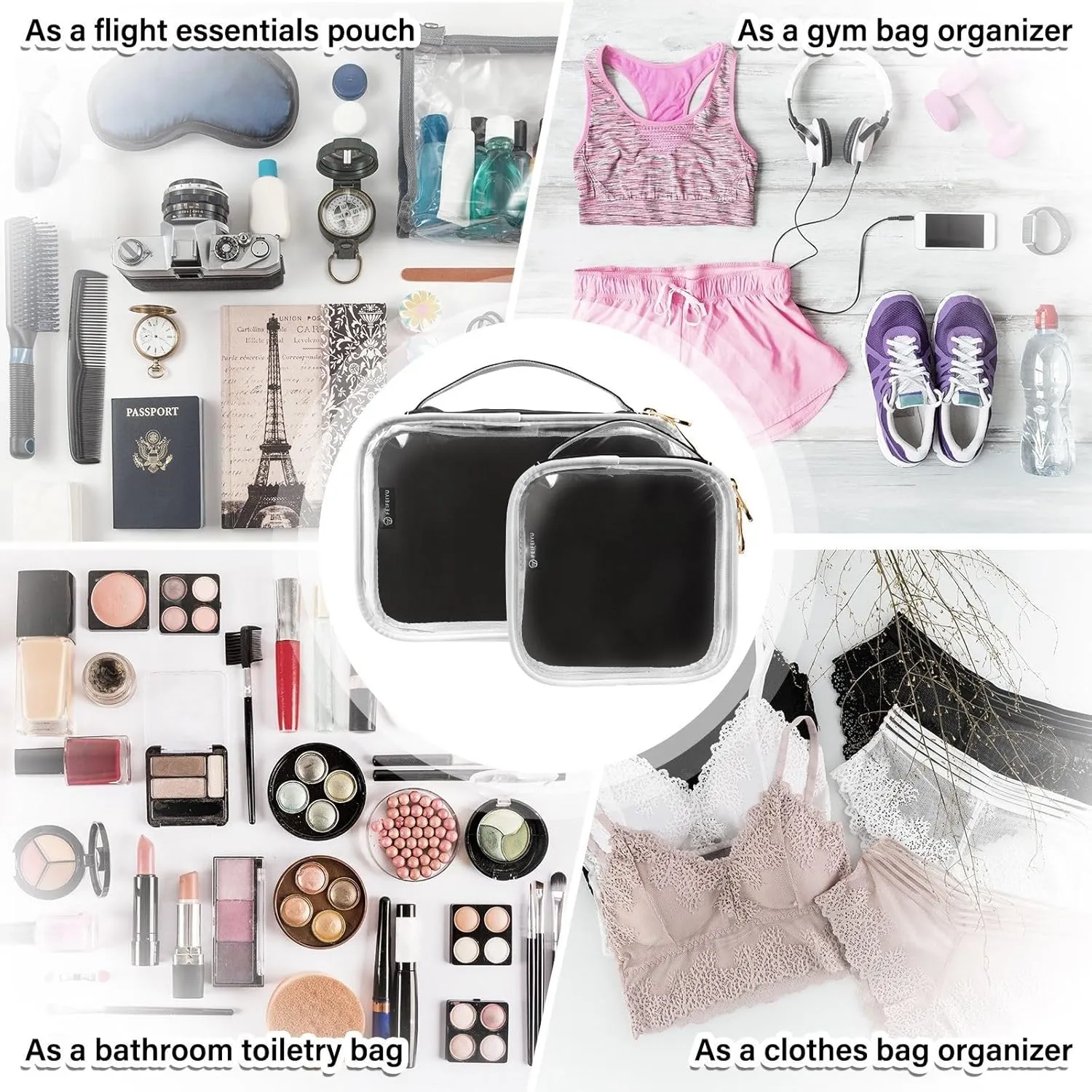 Black 2 Pieces Clear Makeup Cosmetic Toiletry Bags for Women Men PVC Waterproof Portable Travel Storage Carry Pouch with Gold Zippers Plastic Tote Bags for Vacation Bathroom Organizing Traveling