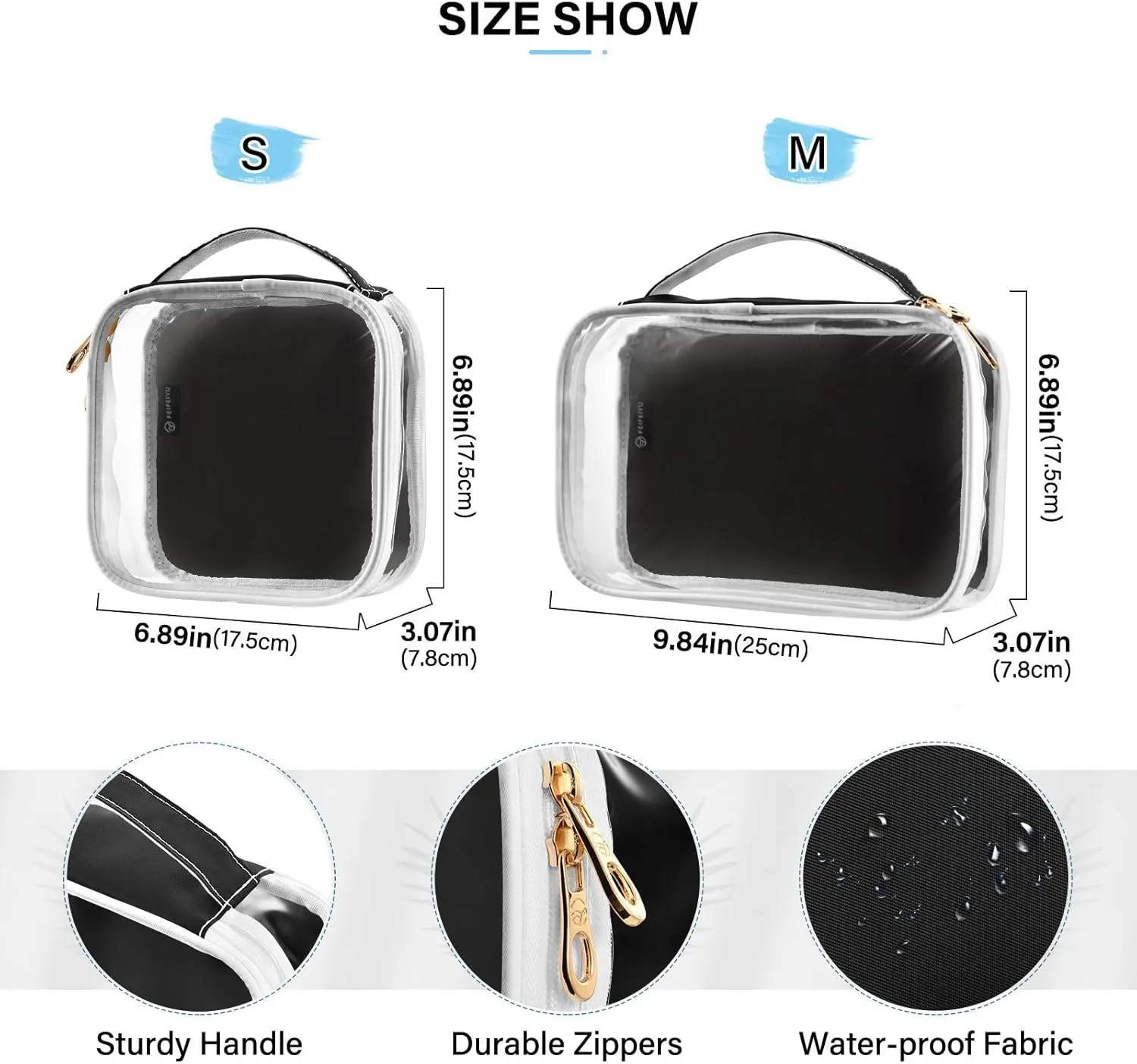 Black 2 Pieces Clear Makeup Cosmetic Toiletry Bags for Women Men PVC Waterproof Portable Travel Storage Carry Pouch with Gold Zippers Plastic Tote Bags for Vacation Bathroom Organizing Traveling
