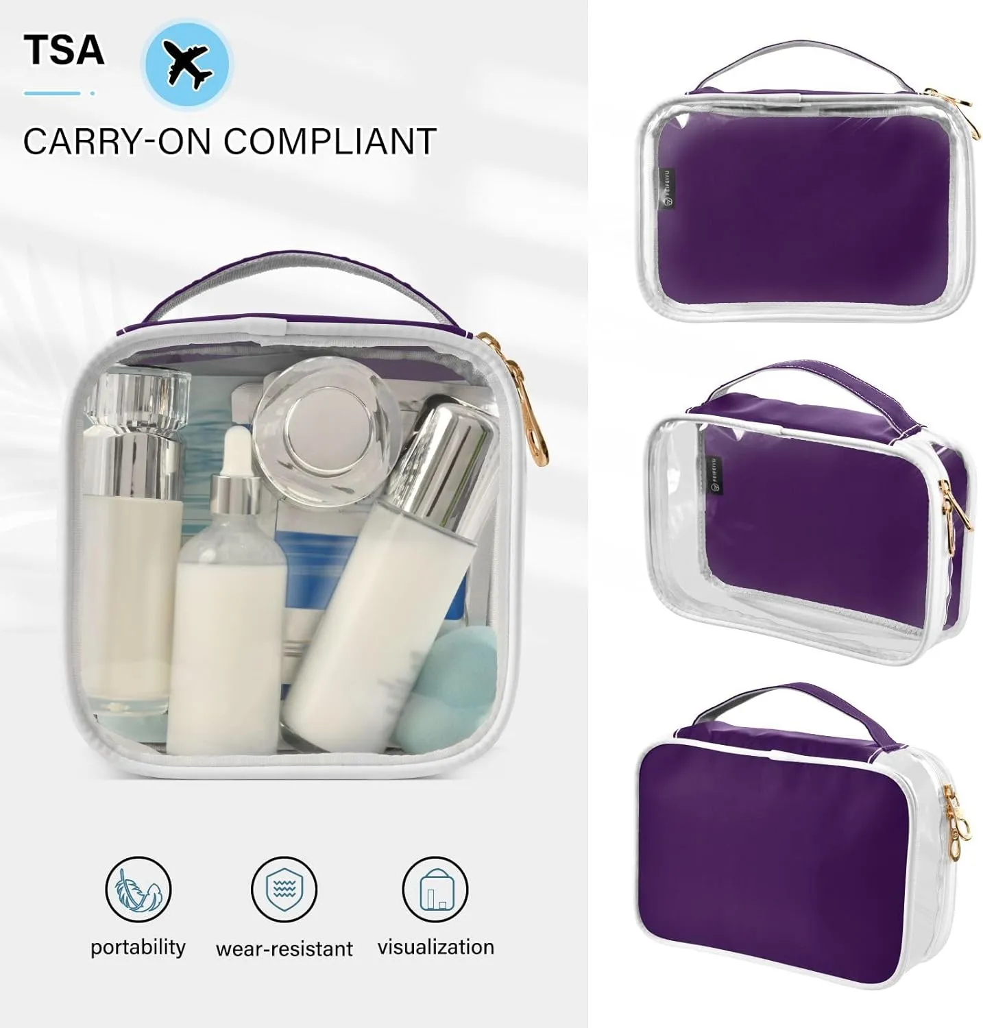 Black Purple Clear Makeup Bags TSA Approved Toiletry Bag for Women Men Cosmetic Bags with Zipper Carry On Airport Airline Compliant Bag Quart Size PVC Travel Bags for Toiletries Cosmetics, 2 Pack