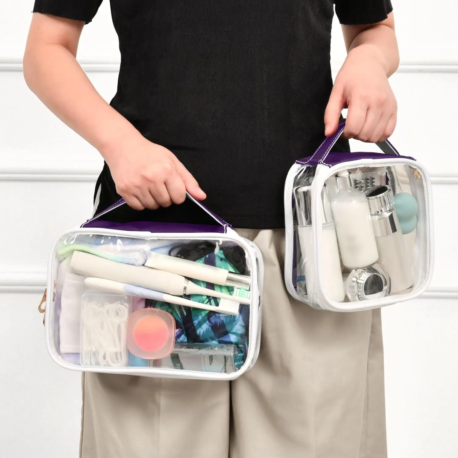 Black Purple Clear Makeup Bags TSA Approved Toiletry Bag for Women Men Cosmetic Bags with Zipper Carry On Airport Airline Compliant Bag Quart Size PVC Travel Bags for Toiletries Cosmetics, 2 Pack