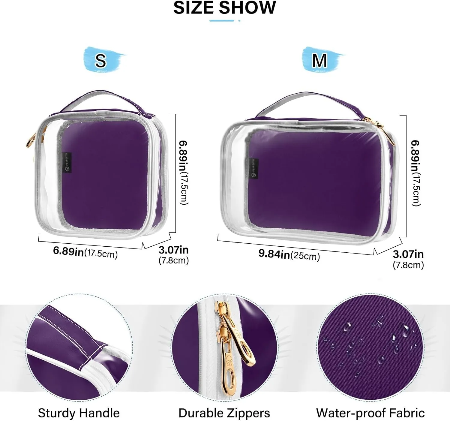 Black Purple Clear Makeup Bags TSA Approved Toiletry Bag for Women Men Cosmetic Bags with Zipper Carry On Airport Airline Compliant Bag Quart Size PVC Travel Bags for Toiletries Cosmetics, 2 Pack