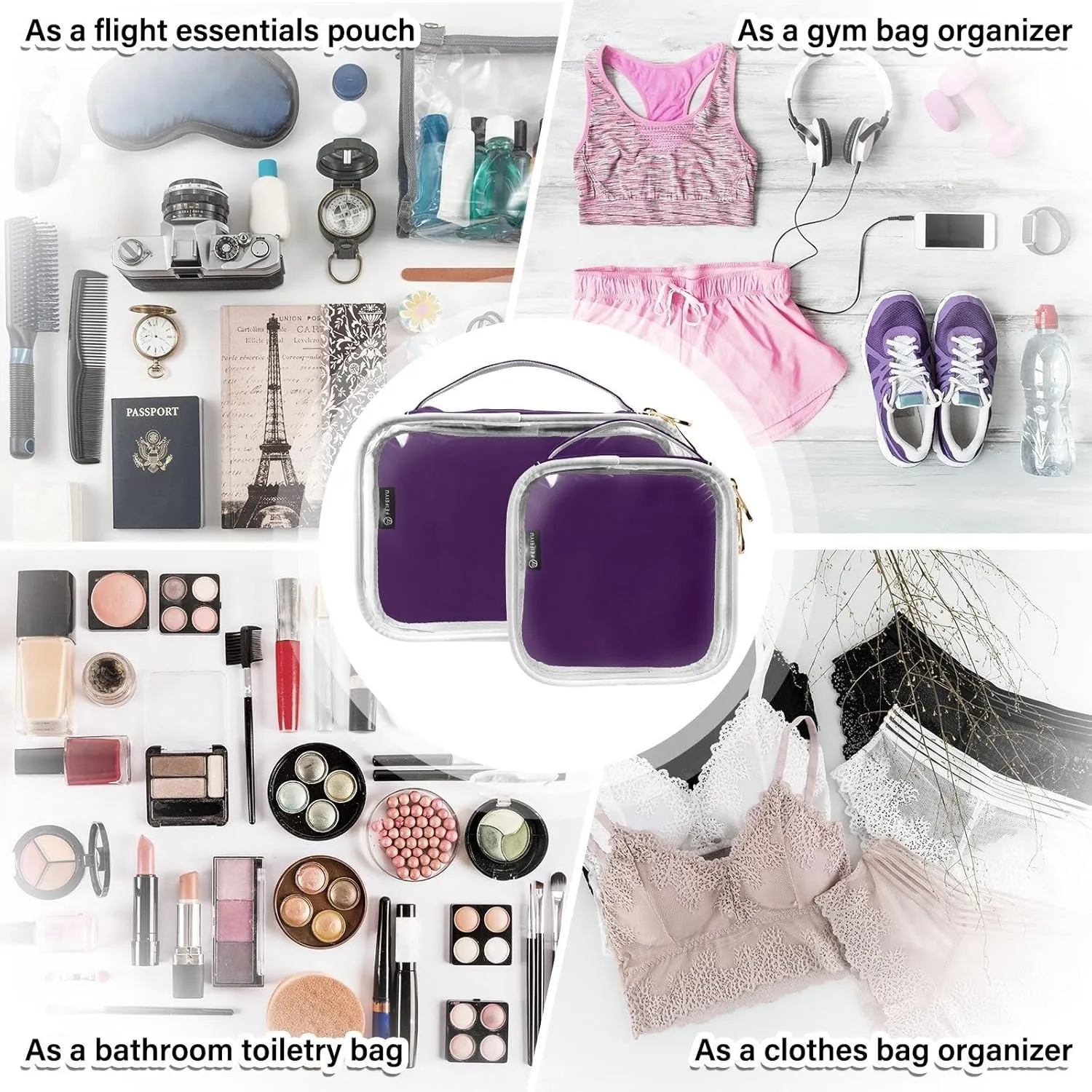 Black Purple Clear Makeup Bags TSA Approved Toiletry Bag for Women Men Cosmetic Bags with Zipper Carry On Airport Airline Compliant Bag Quart Size PVC Travel Bags for Toiletries Cosmetics, 2 Pack