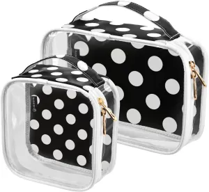 Black White Polka Dots Clear Makeup Bags TSA Approved Toiletry Bag for Women Men Cosmetic Bags with Zipper Carry On Airport Airline Compliant Bag Quart PVC Travel Bags for Toiletries Bathroom, 2 Pack