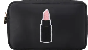 BLOC Bags Travel Makeup Bag, Cosmetic Bags for Women, Medium Cute Toiletry Bag, Make up Bag, Beauty Bag with Chenille Patch and Top Zipper, Inside Zipper Pouch and Mesh Pockets (Lipstick, Black)