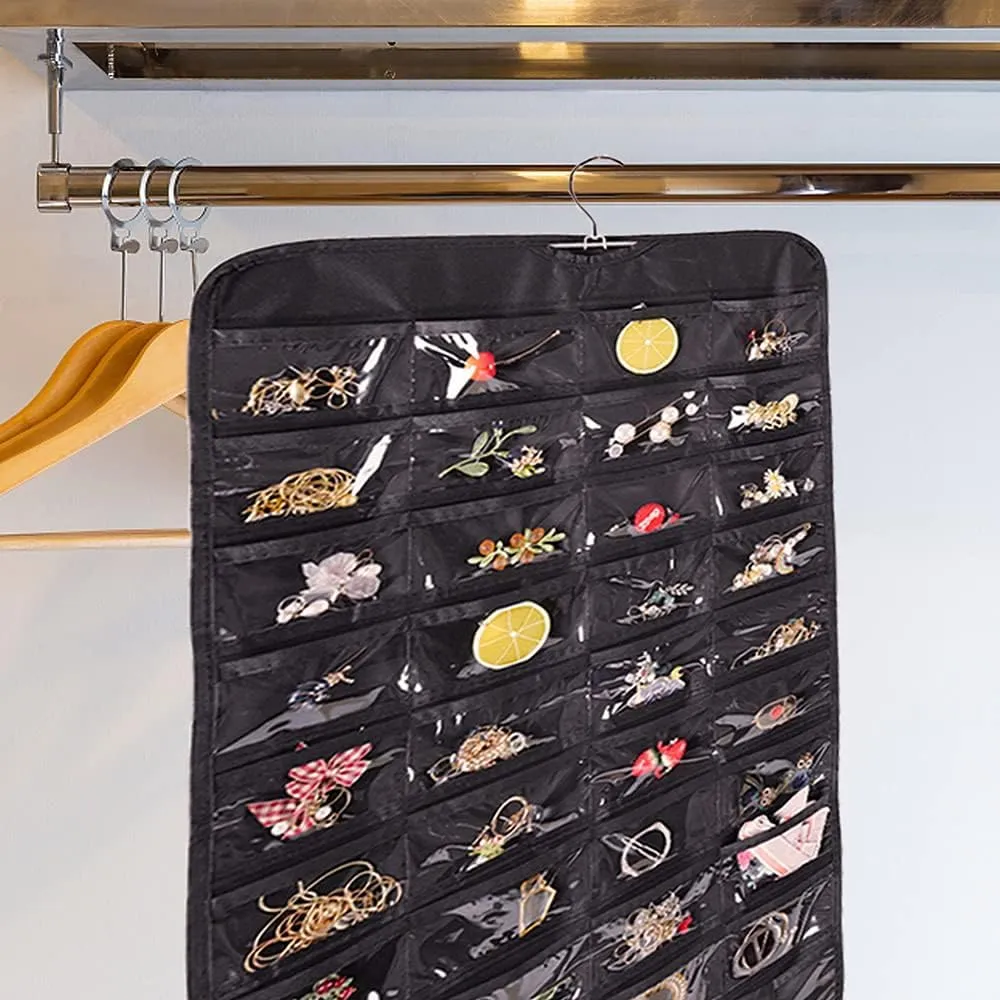 Bloss Hanging Jewelry Organizer, 2 Sided 80 Pocket Chain Storage Bag - 2 Layer Fabric, Travel Jewelry Organizer - Black