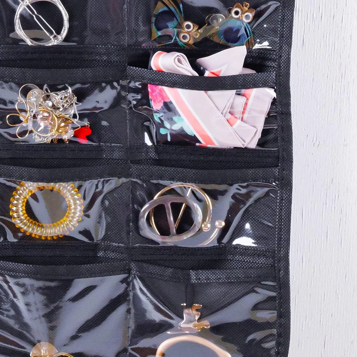 Bloss Hanging Jewelry Organizer, 2 Sided 80 Pocket Chain Storage Bag - 2 Layer Fabric, Travel Jewelry Organizer - Black