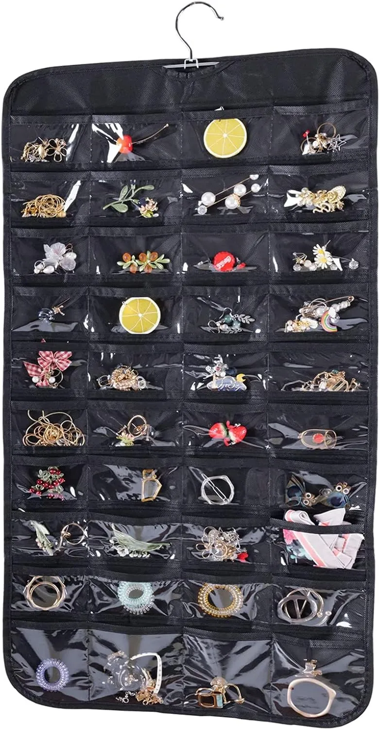 Bloss Hanging Jewelry Organizer, 2 Sided 80 Pocket Chain Storage Bag - 2 Layer Fabric, Travel Jewelry Organizer - Black